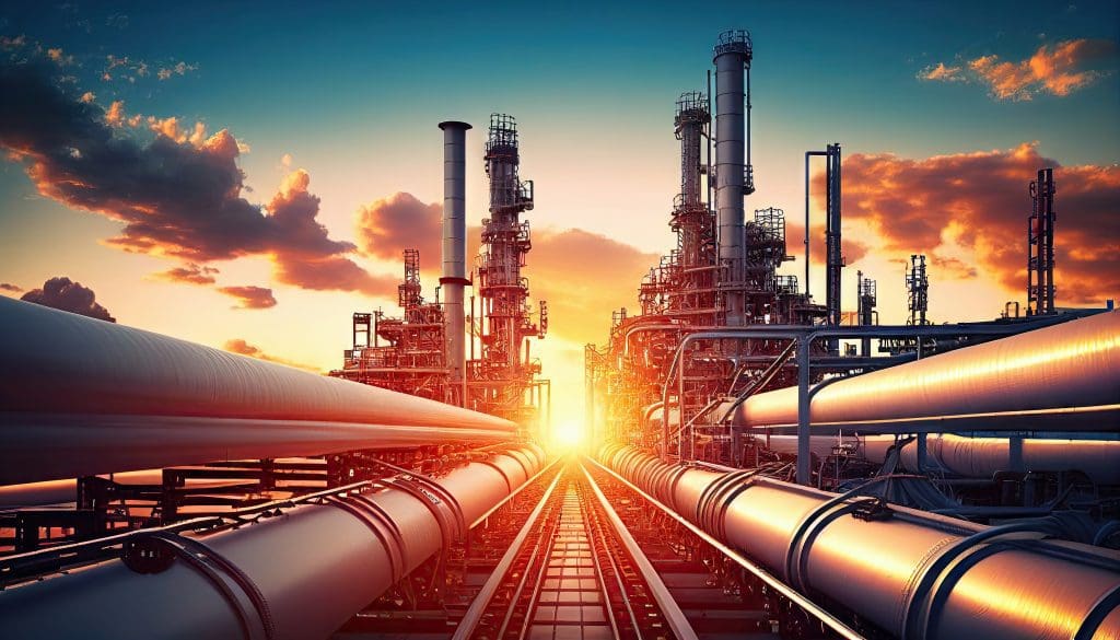 Industry pipeline transport petrochemical, gas and oil processin Industry pipeline transport petrochemical, gas and oil processing, furnace factory line, rack of heat chemical manufacturing, equipment steel pipes plant with Generative AI.